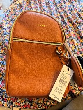 NWT Loume Tan Pebbled Crossbody with matching change purse/airpods case.